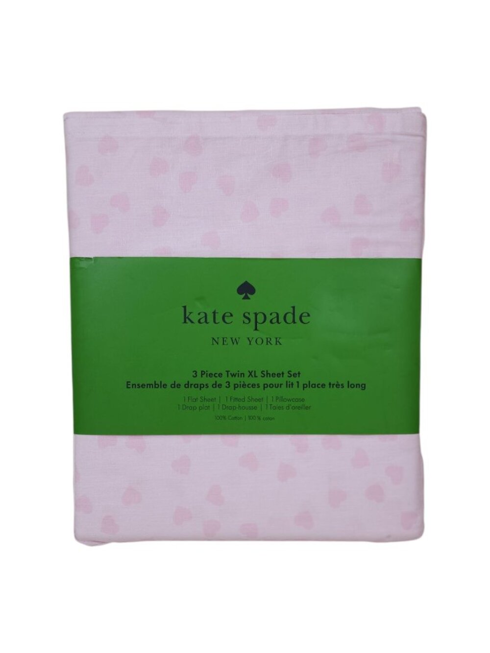 Kate Spade New York 3 Piece Twin XL Sheet Set Pink Hearts 100% Cotton